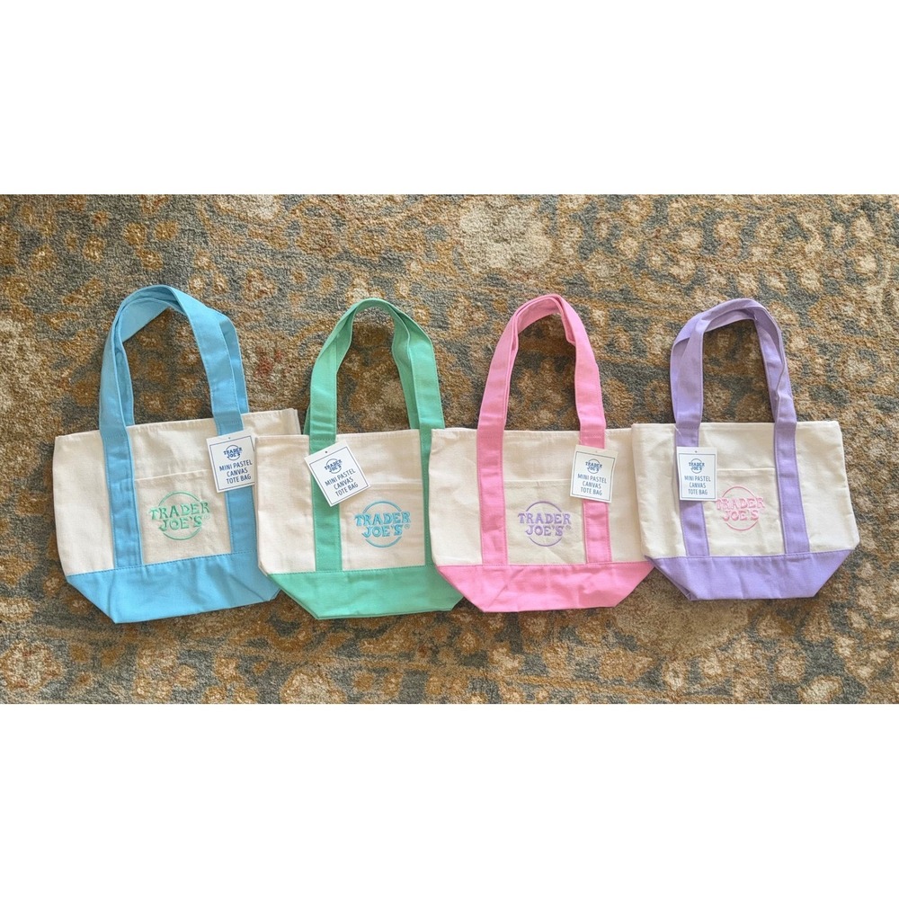 NWT Trader Joes Mini Pastel Canvas Tote Bag Bundle 4 Pack Limited Edition